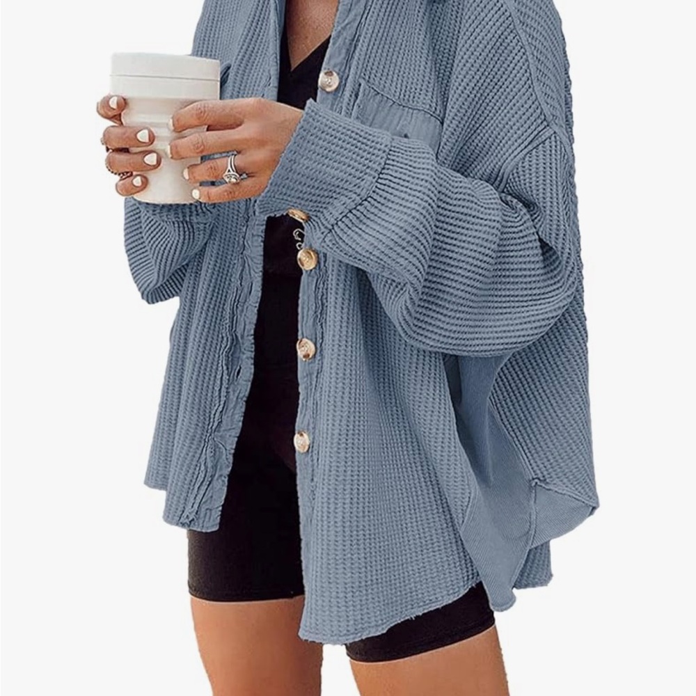 Waffle Knit Shacket Oversized Button Down Shirt Jacket